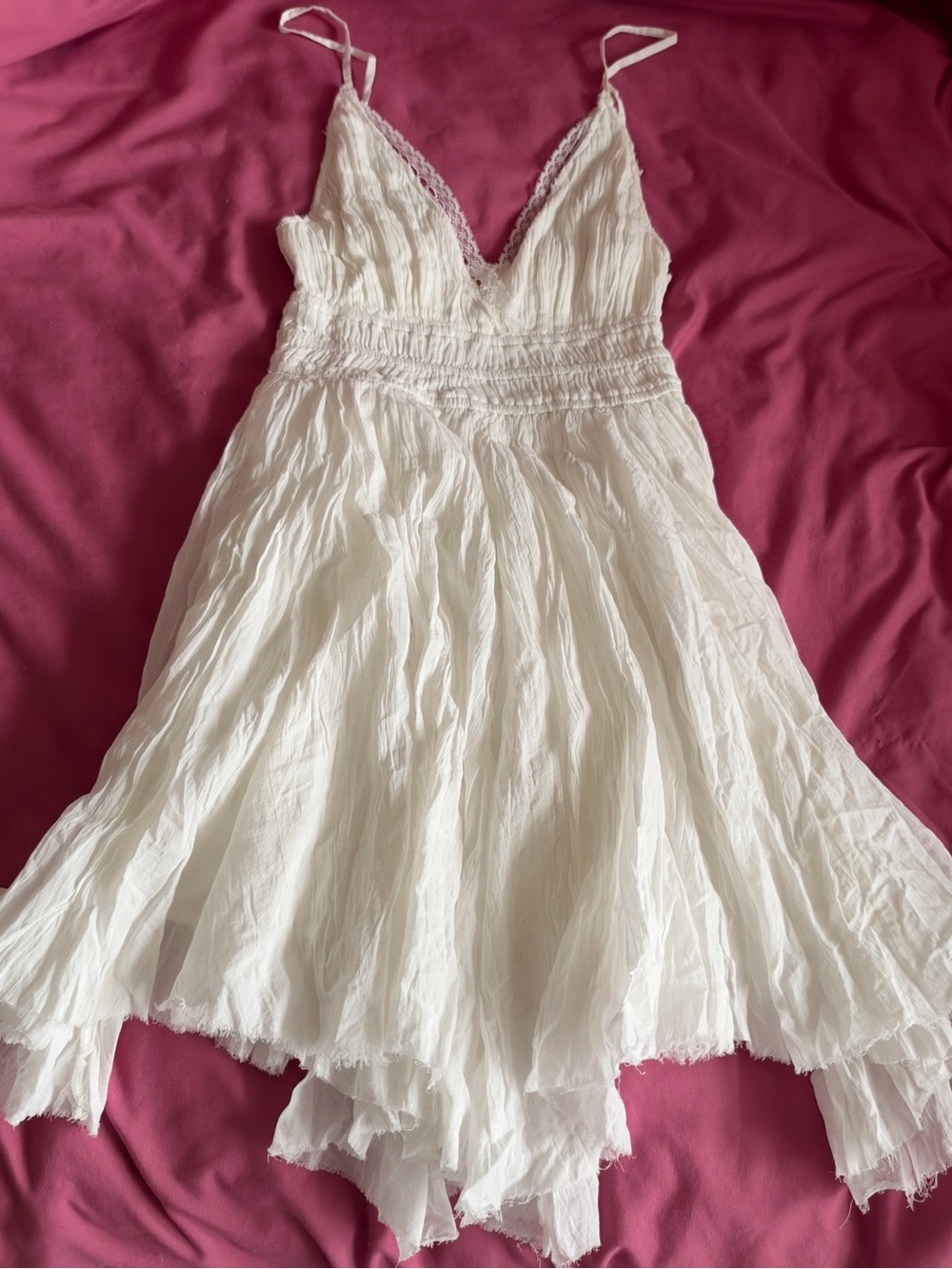 Free People White Crinkled V-Neck Slip Dress with Lace Trim